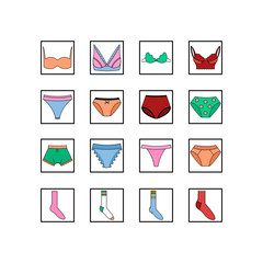 Set of underwear clothes panties, bra and socks. Colection of lingerie.  Vector icons on white background.