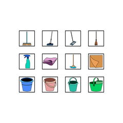 Set of cleaning tools. Vector line icons on white background.
