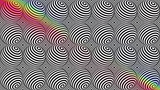 Abstract motion background with pattern of rotating striped spheres. Hypnotic crazy effect and chromatic aberration. Seamless looping animation.