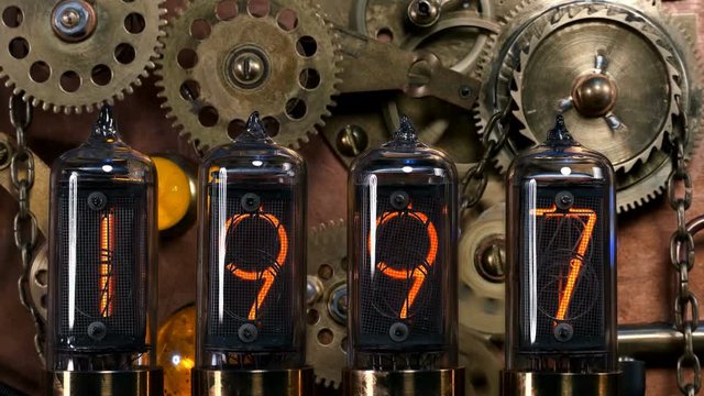 the steampunk device is a time machine, the counter counts the years and stops at 2030, in the old style