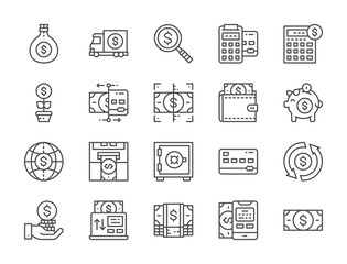 Set of Money and Banking Line Icons. Online Payments, Terminal, ATM and more.