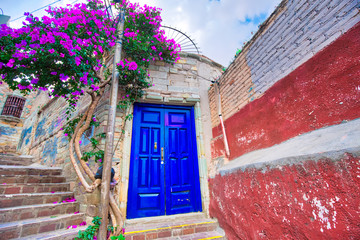 Scenic cobbled streets and traditional colorful colonial  architecture in Guanajuato historic city...