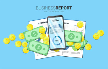 top view table business graph report in mobile with paper and calculator and money . Concept for digital business growth and trend report