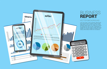 top view table business report in mobile phone and tablet with paper and calculator. Concept for digital business growth and trend report