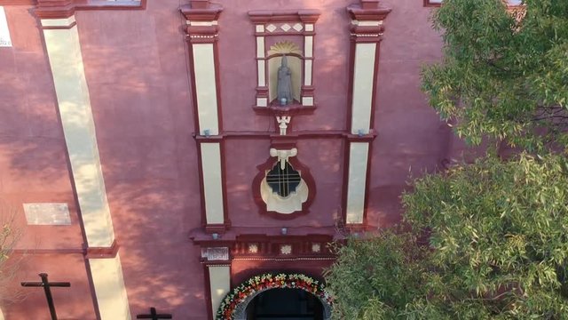 Aerial view of a church front facade