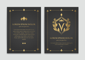 Fototapeta na wymiar Gold vintage greeting card design with a black background. Luxury vector ornament template. Mandala. Great for invitation, flyer, menu, brochure, wallpaper, decoration, or any desired idea.