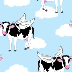 Seamless repeat pattern with flying winged cows in blue sky with white clouds