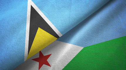 Saint Lucia and Djibouti two flags textile cloth, fabric texture