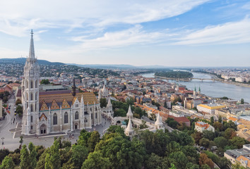 Fototapeta na wymiar Budapest Matthias Church on Castle Hill aerial