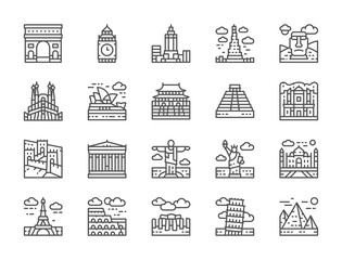 Set of World Landmark Line Icons. Egypt, Italy, United Kingdom, France and more.