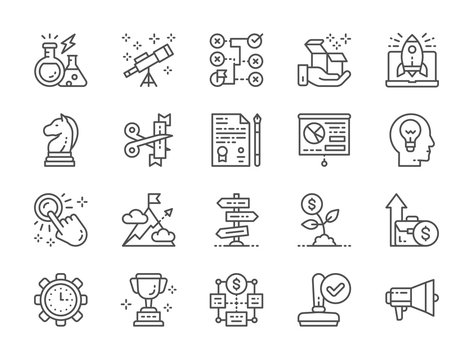 Set of Startup Line Icons. Megaphone, Trophy, Strategy, Money Tree and more.