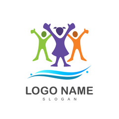 human logo, children's logo celebrating victory + icon of children's happiness +  peace icon + 