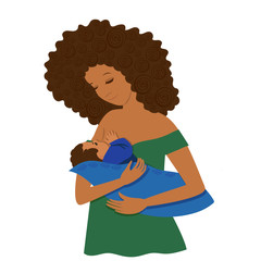 A dark-skinned young woman feeds her child. Isolated on white background. Vector clip art.