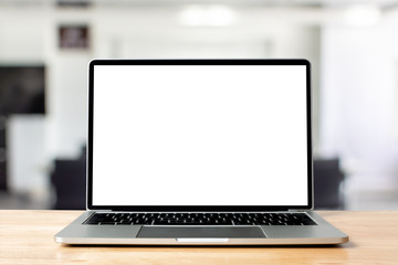 Laptop blank screen on wood table with office room background, mockup, template for your text