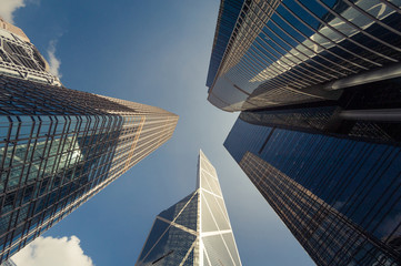 skyscrapers in Hong Kong, modern architecture of Hong Kong, blue sky and skyscrapers