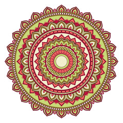 Decorative colorful ethnic mandala pattern. Design element for greeting card, banner or poster in oriental style. Hand drawn illustration