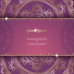 Greeting card or invitation template with golden ornament and confetti. Design for any purposes: wedding, birthday, anniversary or christmas