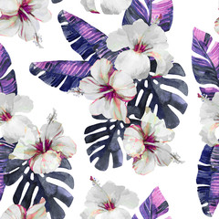 Watercolor tropical flowers and leaves on white background