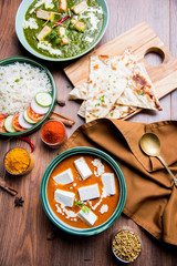 Palak Paneer and Paneer-butter masala is a popular North Indian recipe for lunch/dinner made using cottage cheese as main ingradient. usually served with Rice and chapati/naan. selective focus