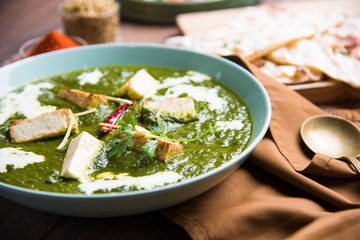 Palak Paneer Masala is a popular North Indian recipe for lunch/dinner made using cottage cheese in green spinach curry. usually served with Rice and chapati/naan. selective focus