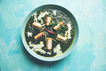 Palak Paneer Masala is a popular North Indian recipe for lunch/dinner made using cottage cheese in green spinach curry. usually served with Rice and chapati/naan. selective focus