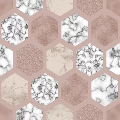 Fotobehang Hexagon Zeshoek naadloos patroon met digitaal marmerpapier, beige bladgoud, pastel grunge textuur