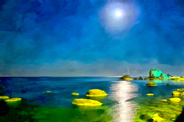 Watercolor. Seascape sea. Night view of the sea from the city pier.