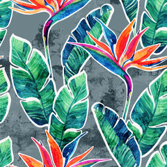 Floral exotic seamless pattern. Watercolor tropical flowers on doodle background