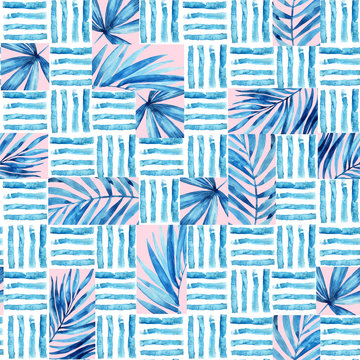 Watercolor Simple Seamless Pattern. Blocks Of Tropical Leaves And Lines Background