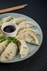 Japanaese gyoza dumpling with soya sauce