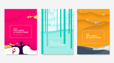 Minimalist landscape poster design, man on swing under blossom tree, tent in the forest and pyramids among desert © momosama