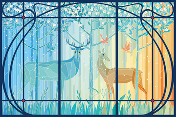 Stained glass pair of deer in the spring forest in Art Nouveau frame. Vector graphics - obrazy, fototapety, plakaty