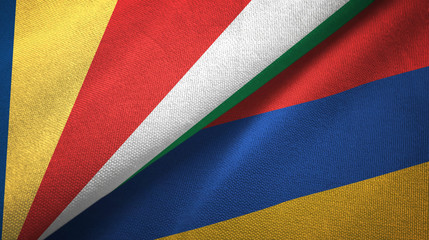 Seychelles and Armenia two flags textile cloth, fabric texture 