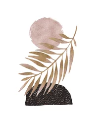 Foto op Plexiglas Grafische prints Abstract posterontwerp: minimale vormen, glanzend gouden tropisch blad.