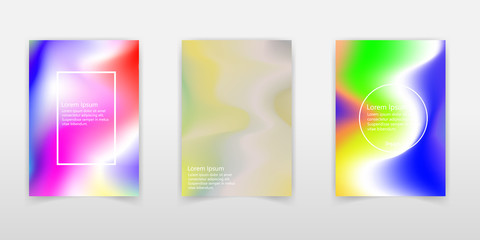 Holographic poster set. Abstract backgrounds. Futuristic holographic Foil poster with gradient mesh. 90s, 80s retro style. Iridescent graphic template for brochure, banner, wallpaper, mobile screen.