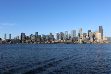 View of a big city from water