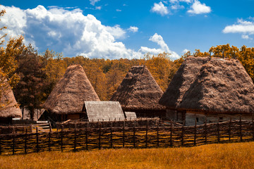 Fototapeta na wymiar Traditional Romanian village with old house straw roofing