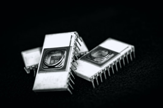 Monochromatic Old ceramic electronic chip EPROM