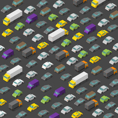 Vector isometric high traffic jam. A lot of cars. Transport highway background pattern. Top view of the road and multi-colored cars.