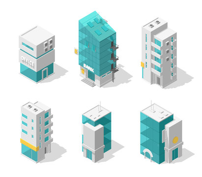 Buildings city set. Isometric top view. Separate vector town houses. Shop street cafe, offices and bank, residential buildings are different types.