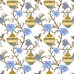 Romantic seamless pattern background with rose peonies daisy flowers birds and cages watercolor gouache illustration