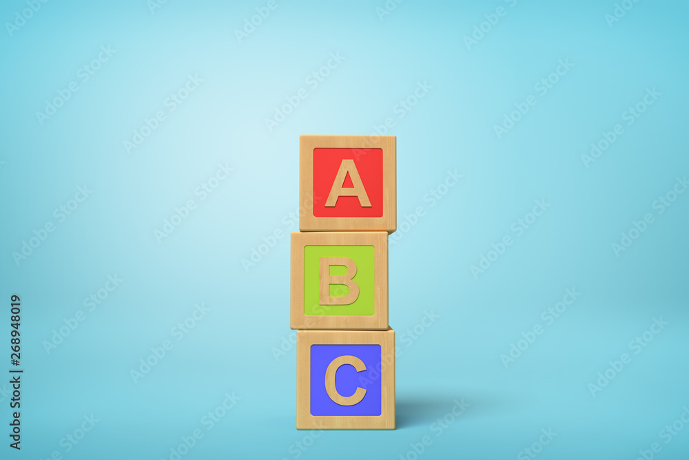 Aufkleber 3d rendering of alphabet toy blocks on blue background.
