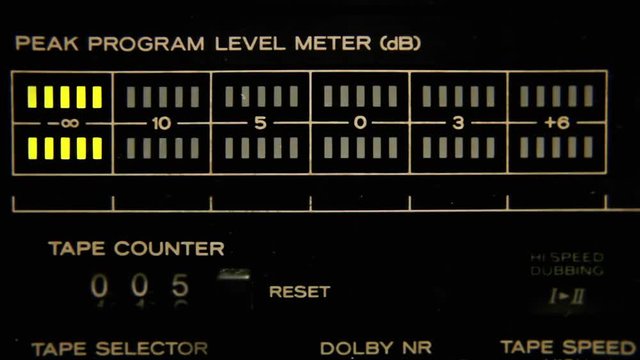 A dB power meter indicator for audio cassette tapes, with a counter going from zero to ten. Macro close-up shot.