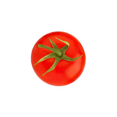 One red ripe tomato with green leaves and stem on white background isolated close up, single beautiful whole tomato top view, design element for label