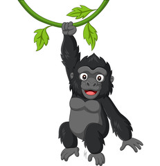 Cartoon baby gorilla hanging in tree branch © tigatelu