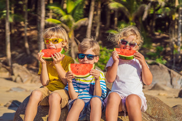 Children eat watermelon on the beach in sunglasses