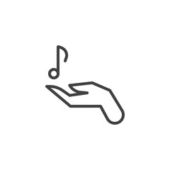 Music note in hand line icon. linear style sign for mobile concept and web design. Hand hold musical note outline vector icon. Symbol, logo illustration. Vector graphics