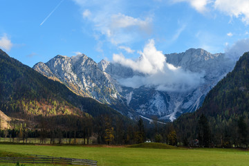 Fototapeta na wymiar View of Mount Skuta from valley Zgornje Jezersko in northern Slovenia