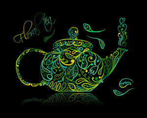 Teapot sketch with green tea for your design