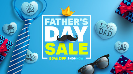 Father's Day Sale Promotion Poster or banner with cute blue heart by text inside and gift box for dad concept.Promotion and shopping template for Father's Day.Vector illustration EPS10